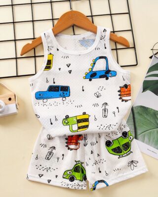 Fashionable white children's car cotton summer pajama set on a belt