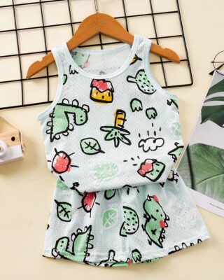 Green cotton summer pajama set with blue fashionable pattern for kids on a hanger