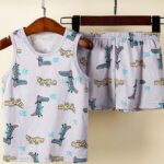 Blue cotton crocodile summer pajama set for kids on a belt