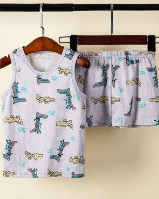 Blue cotton crocodile summer pajama set for kids on a belt