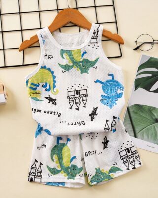 Cotton dinosaur summer pajama set for kids on a belt