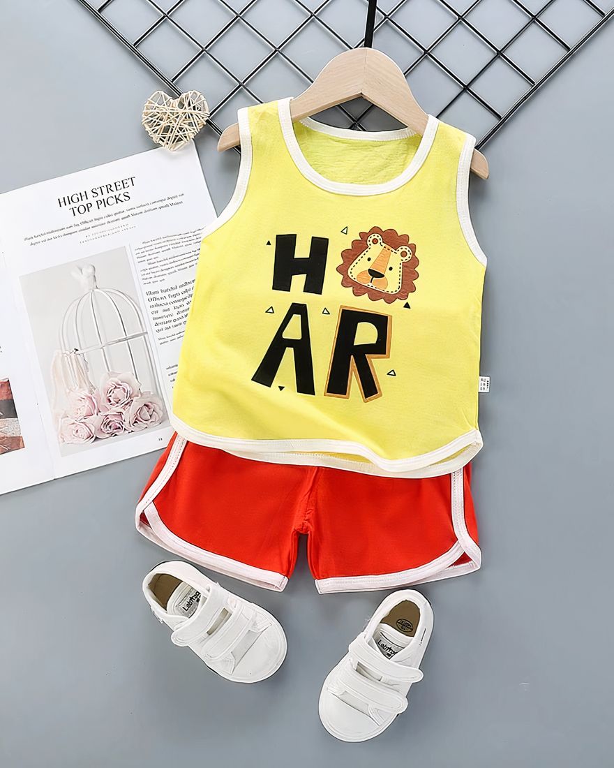 Summer pajamas with yellow tank top and red cotton shorts on a belt with a magazine on the side