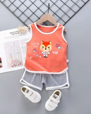 Summer pajamas with fox pattern tank top and fashionable cotton shorts on a belt in a house