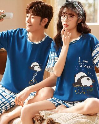 Two-piece pyjamas with blue t-shirt and checkered shorts for fashionable couples