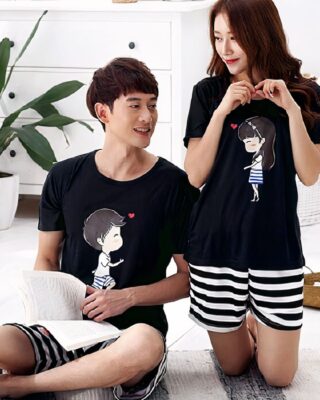 Two pieces pyjamas with black and white stripe t-shirt and shorts for couple worn by a couple