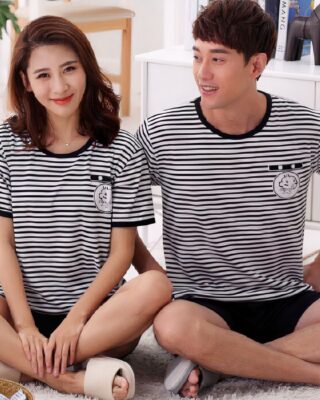 Two-piece pyjamas black striped white patterned t-shirt and black shorts for fashionable couple