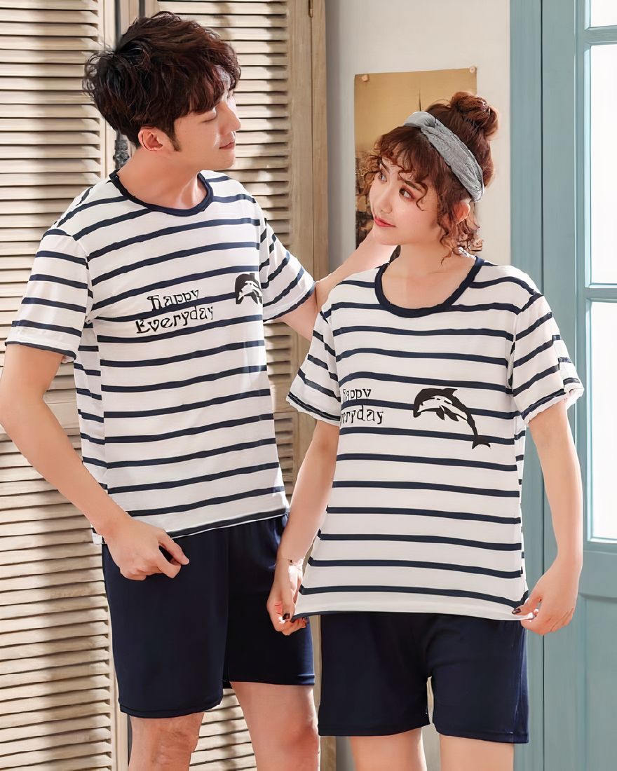 Two-piece pajamas, blue striped white t-shirt and blue shorts for fashionable couple