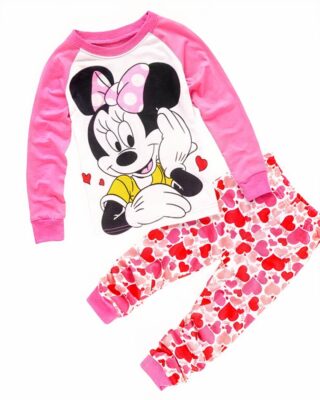 Two-piece pink and white pajamas with Minnie Mouse design and white pants very high quality fashionable