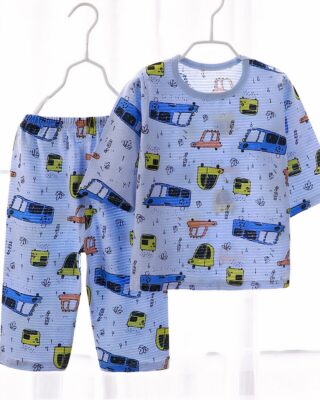 Blue grey cotton pajamas with car pattern for kids on a belt