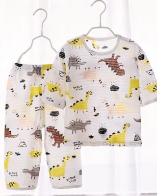 White cotton dinosaur summer pajamas for kids on a belt