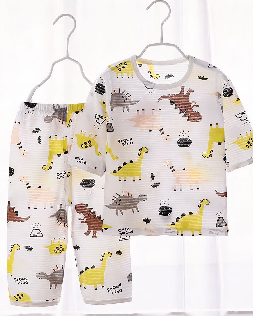 White cotton dinosaur summer pajamas for kids on a belt