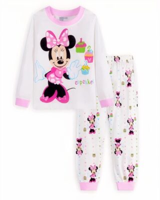 White two-piece pajamas with Minnie Mouse pattern