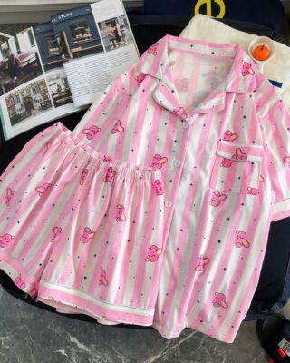 Women's pink and white striped short sleeve pajamas with magazine