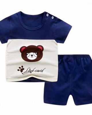 Two-piece pyjamas with bear print t-shirt and blue and white cotton shorts