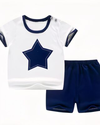 Two-piece pyjamas with star pattern and blue and white cotton shorts