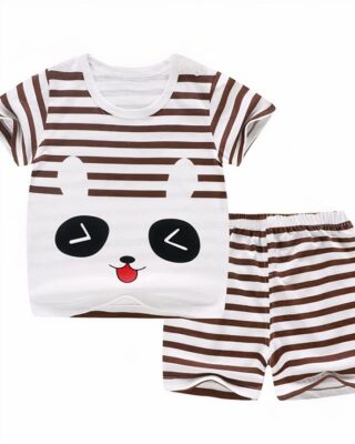 Short-sleeved cotton pajamas with black and white stripe panda pattern