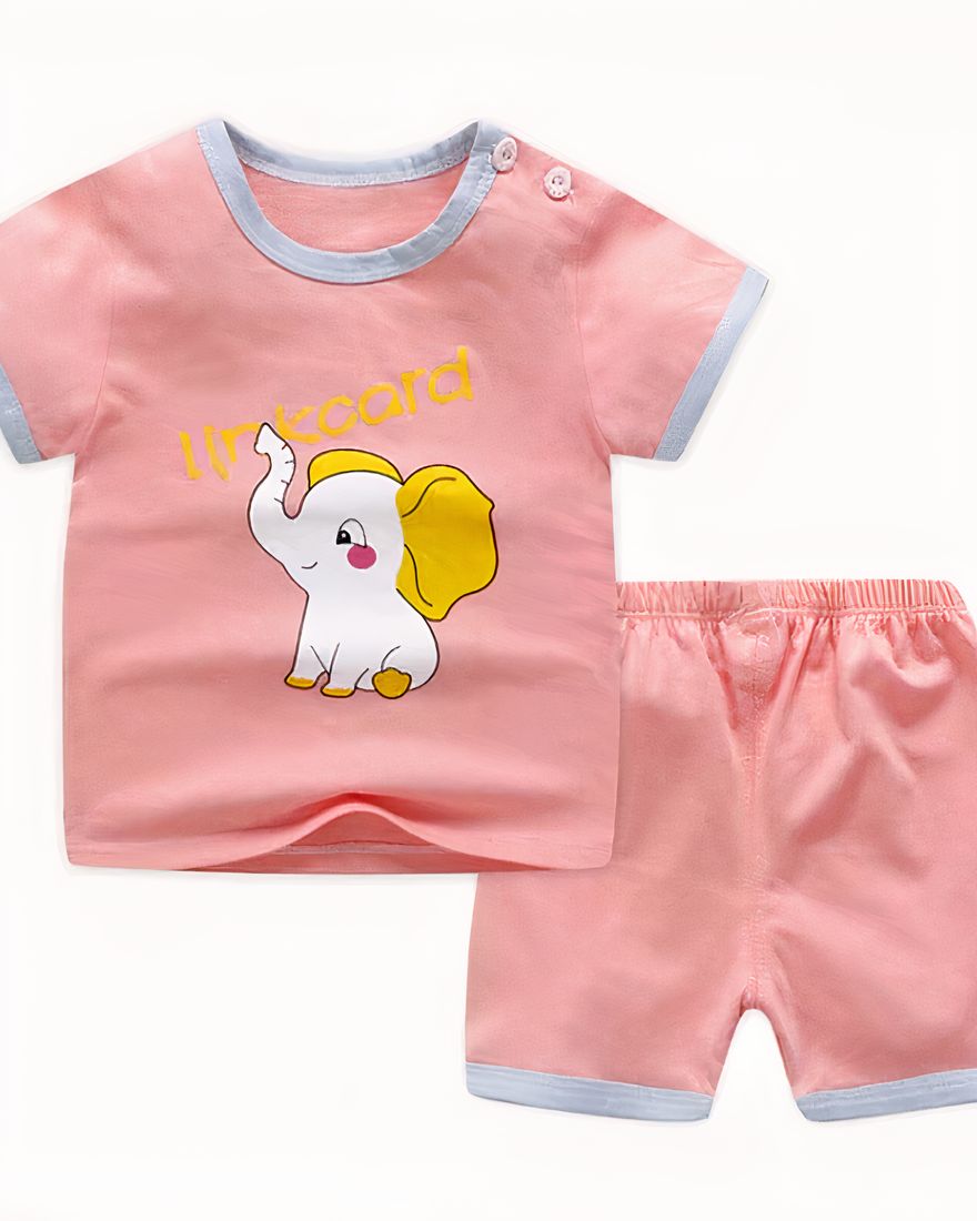 Pink two-piece pyjamas with short sleeves made of pink and blue elephant cotton