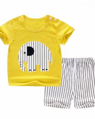 Two-piece pyjamas with yellow elephant t-shirt and black and white striped cotton shorts