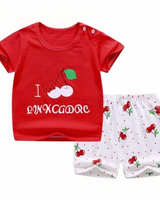 Two-piece pyjamas with red t-shirt and cotton shorts worn fashionably