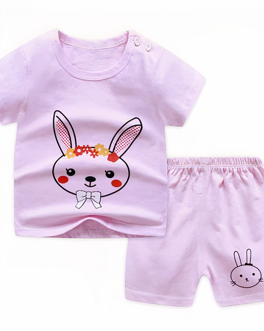 Purple and pink two-piece pyjama t-shirt and shorts with bunny pattern in fashionable cotton