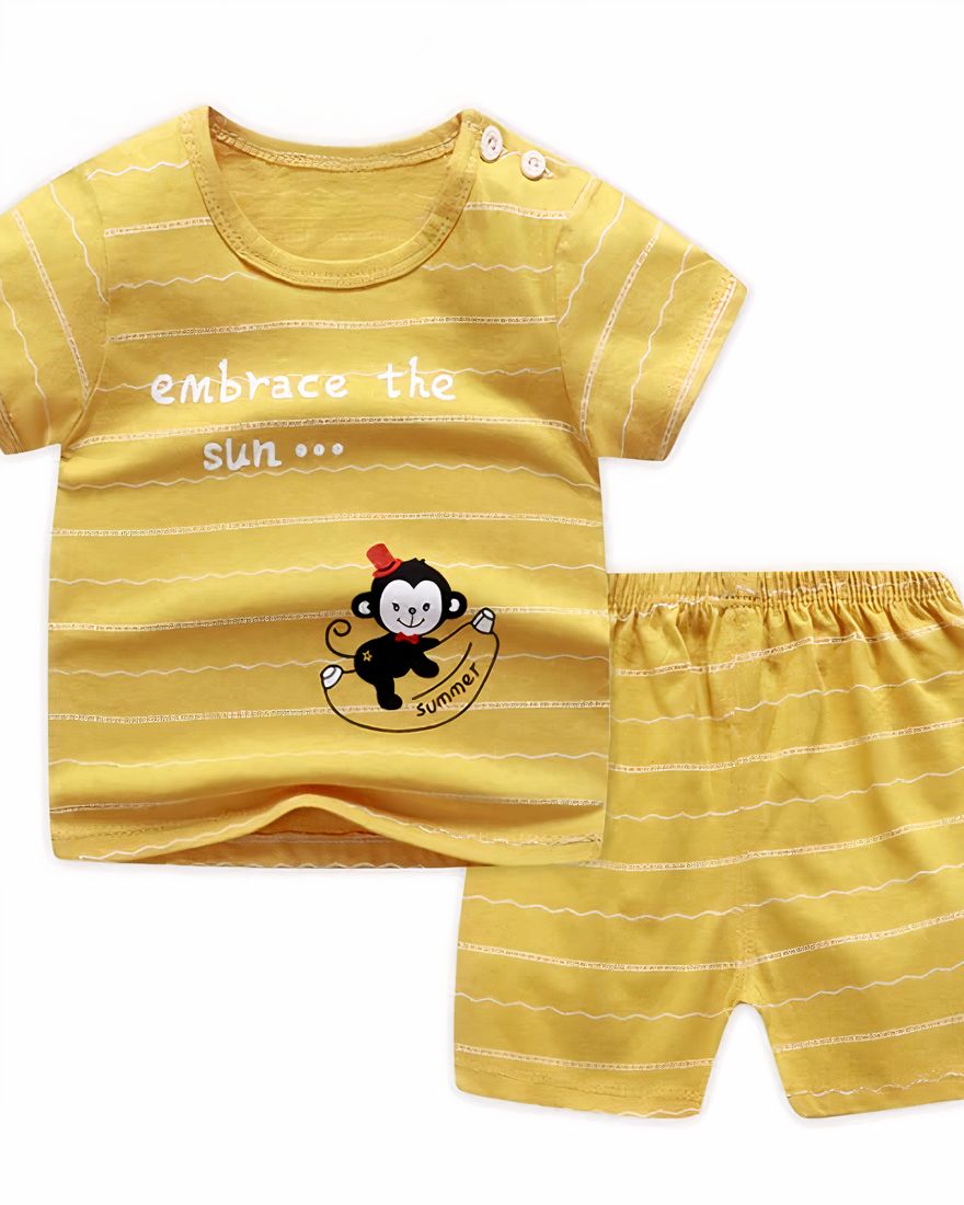 Yellow striped white cotton short sleeve pajamas with "Embrace the slin" pattern