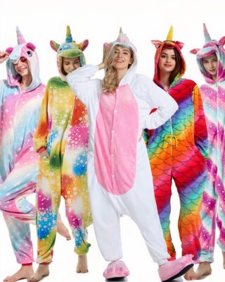 3D hooded animal and unicorn pajamas for adults in multicolor worn by fashionable girls