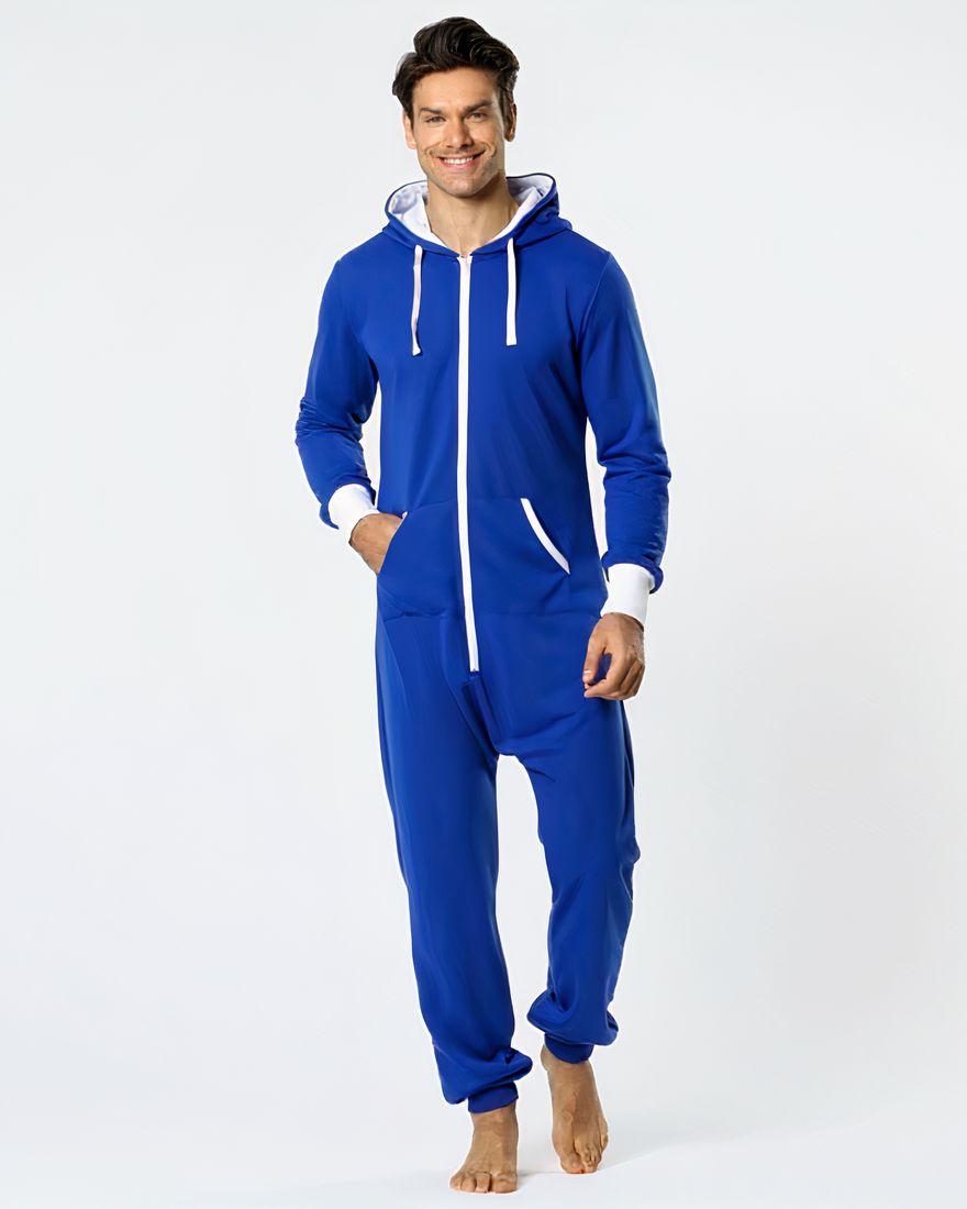 Hooded jumpsuit for men blue worn by a fashionable man