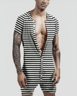 Sexy black and white striped jumpsuit for man worn by a man