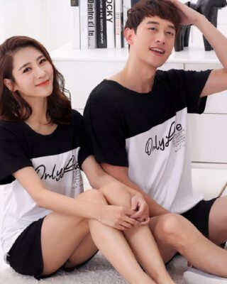 Stitch nightwear for couple worn by a couple in a house