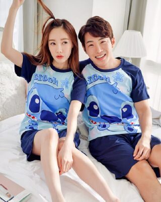 Stitch nightwear for couple worn by a couple in a fashionable house