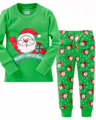 Green pajama set with Santa Claus for fashionable kids