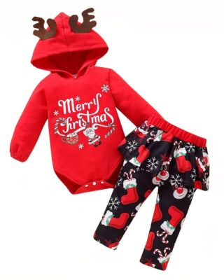 Fashionable red hooded christmas clothes for baby girls from 0 to 18 months