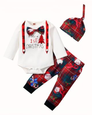 Christmas set of baby clothes for 0 to 18 months boy, with bow and full fashionable hat