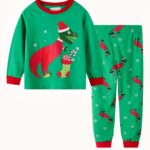 Christmas dinosaur pajama set with long sleeves for children green fashionable, very good quality