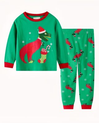 Christmas dinosaur pajama set with long sleeves for children green fashionable, very good quality