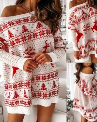 Christmas sweater dress long sleeves for women white worn by a very fashionable woman