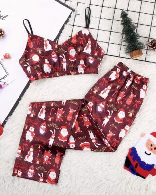 Red Satin 2 pieces pyjamas for women with christmas decoration around very fashionable