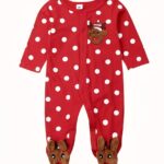 Unisex red deer Christmas romper for babies boys and girls from 0 to 18 months red and white dot very fashionable