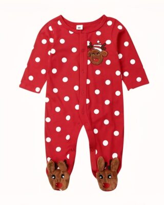 Unisex red deer Christmas romper for babies boys and girls from 0 to 18 months red and white dot very fashionable