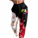 Red and Black women's casual christmas pants worn by a very fashionable woman