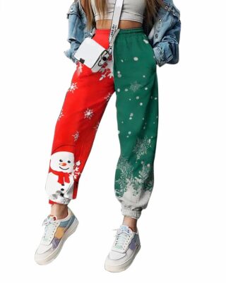 Women's loose-fitting and casual christmas pants Red and green fashionable worn by a very fashionable woman