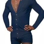 Lightweight blue men's pajama shorts jumpsuit worn by a fashionable man