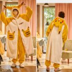 Pikachu plush pajamas for men and women worn by a very fashionable man in a house