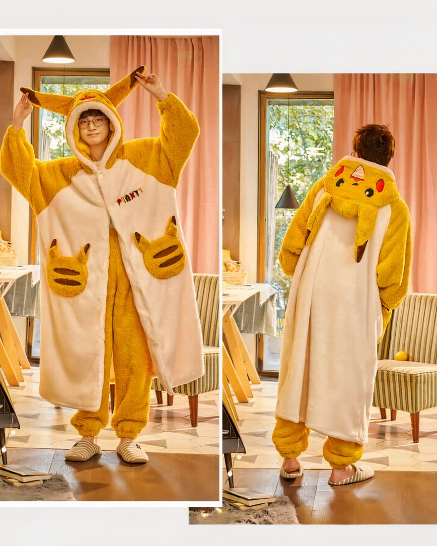 Pikachu plush pajamas for men and women worn by a very fashionable man in a house