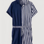 Double-sided striped jumpsuit with short sleeves for men on a fashionable belt