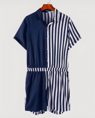 Double-sided striped jumpsuit with short sleeves for men on a fashionable belt