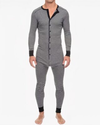 Long sleeve striped jumpsuit for men worn by a fashionable man