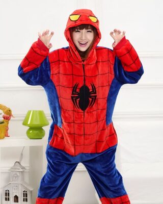 Spider Man pajamas for adults worn by a woman in a house