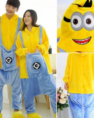 Unisex "Cute People" comical pajama suit for adults worn by a couple in a house