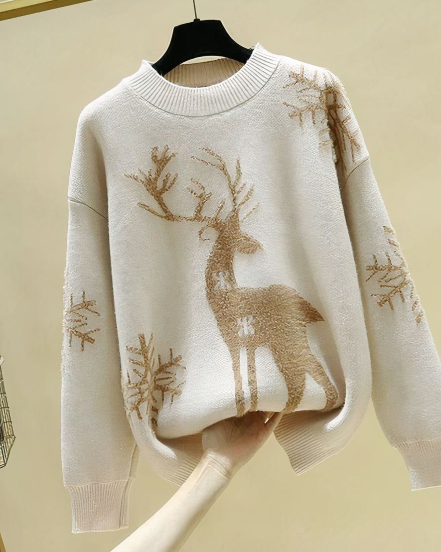 Women's knitted wool sweater with high quality Christmas reindeer on a hanger in a house